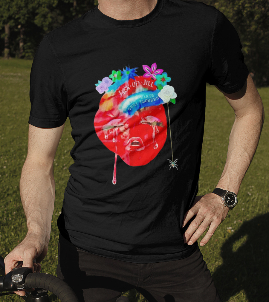 Jack Off Jill Clear Hearts Grey Flowers Crying Face With Colorful Floral Accents T-Shirt