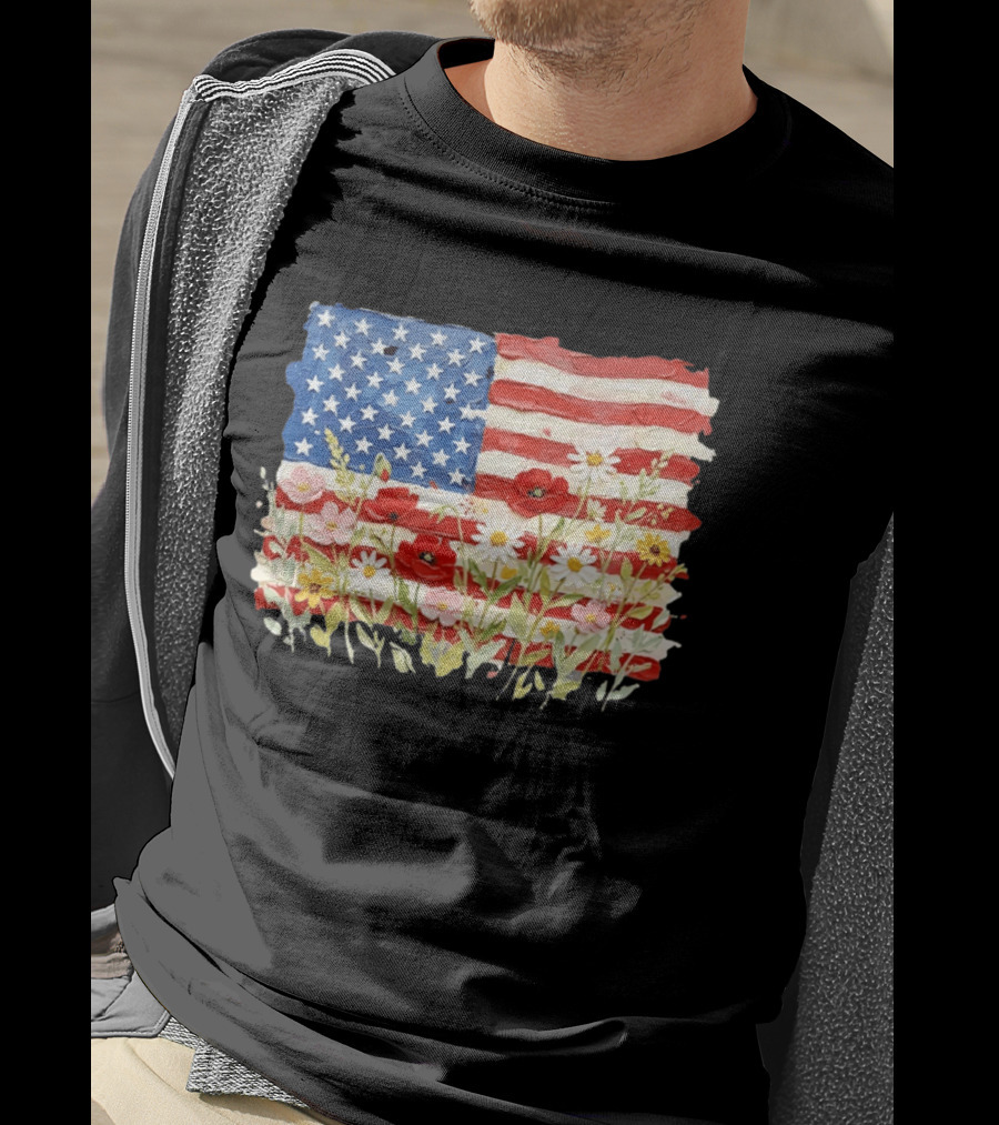 Floral American Flag With Impasto Texture And Flowers T-Shirt