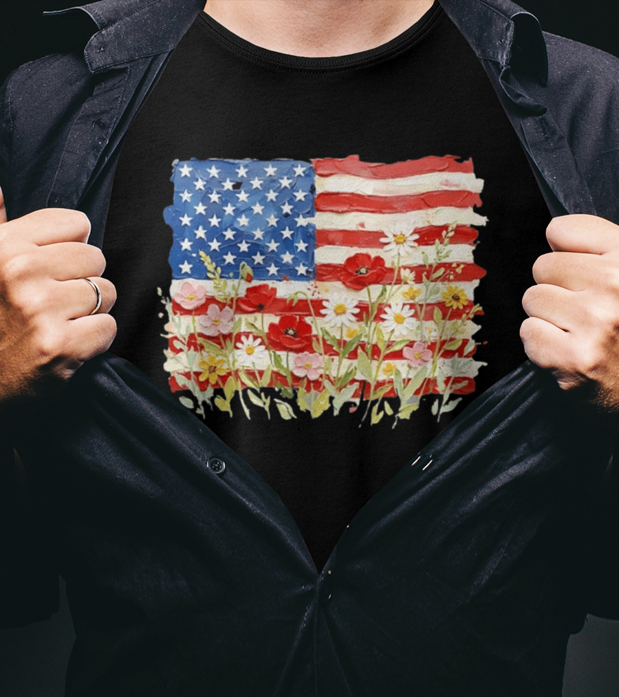 Floral American Flag With Impasto Texture And Flowers T-Shirt