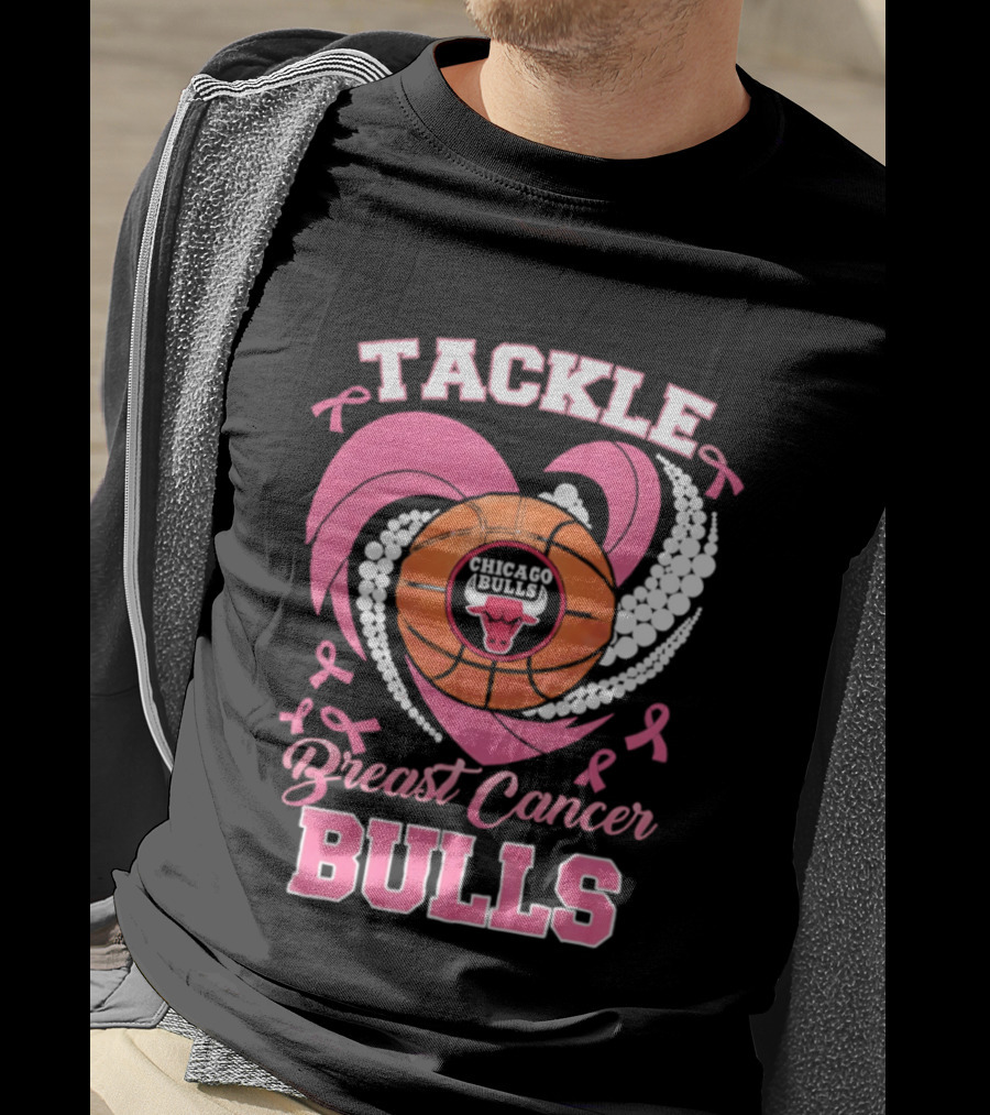 Tackle Breast Cancer Bulls Heart Pink Ribbons T-Shirt