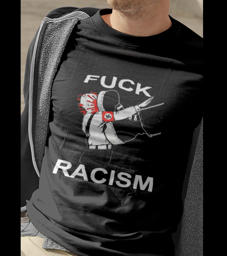 Fuck Racism Kicking On Fascist Silhouette With Red Paint Splatters T-Shirt