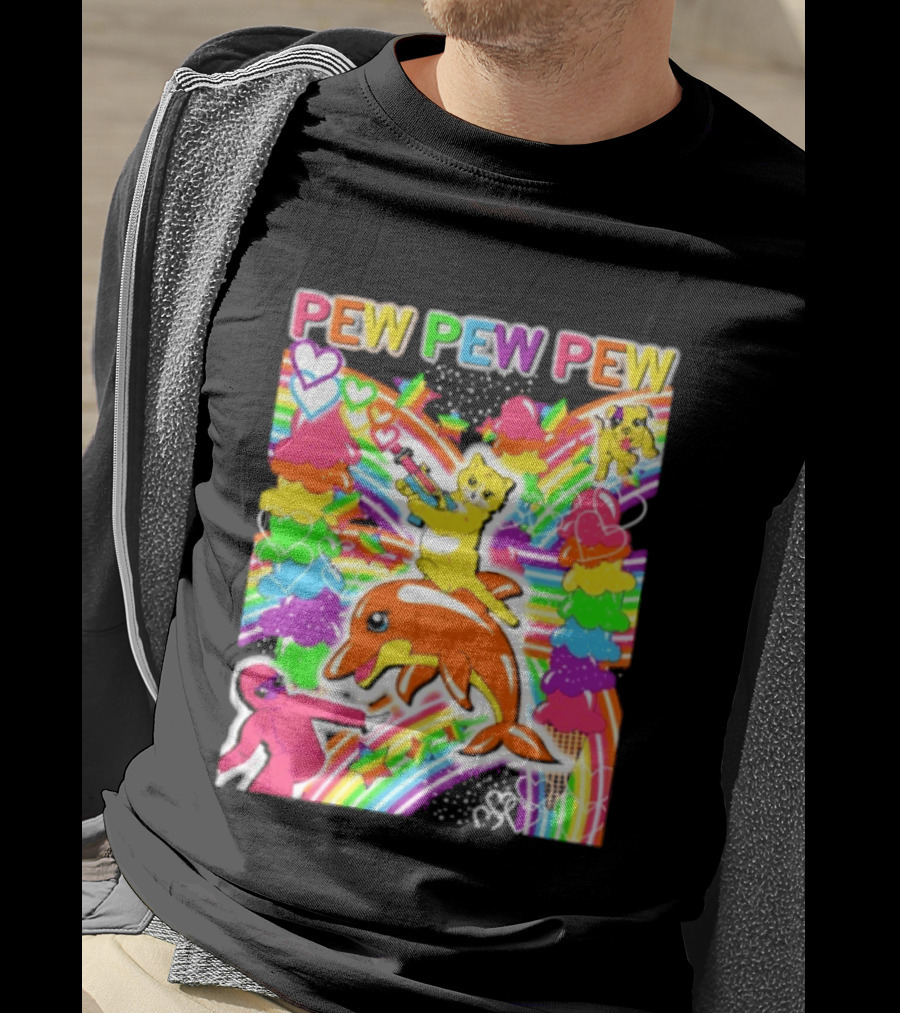 Pew Pew Pew Rainbow Pride Fun With Colorful Dolphins And Hearts T-Shirt