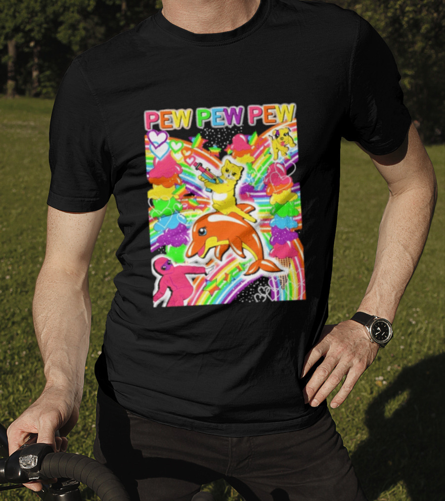 Pew Pew Pew Rainbow Pride Fun With Colorful Dolphins And Hearts T-Shirt