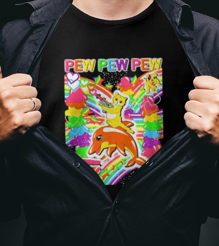 Pew Pew Pew Rainbow Pride Fun With Colorful Dolphins And Hearts T-Shirt