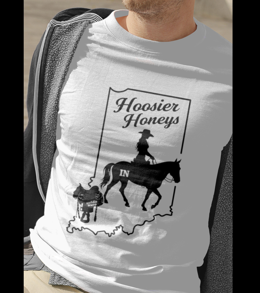 Hoosier Honeys Saddle Tramp Indiana State Map IN Horseback T-Shirt