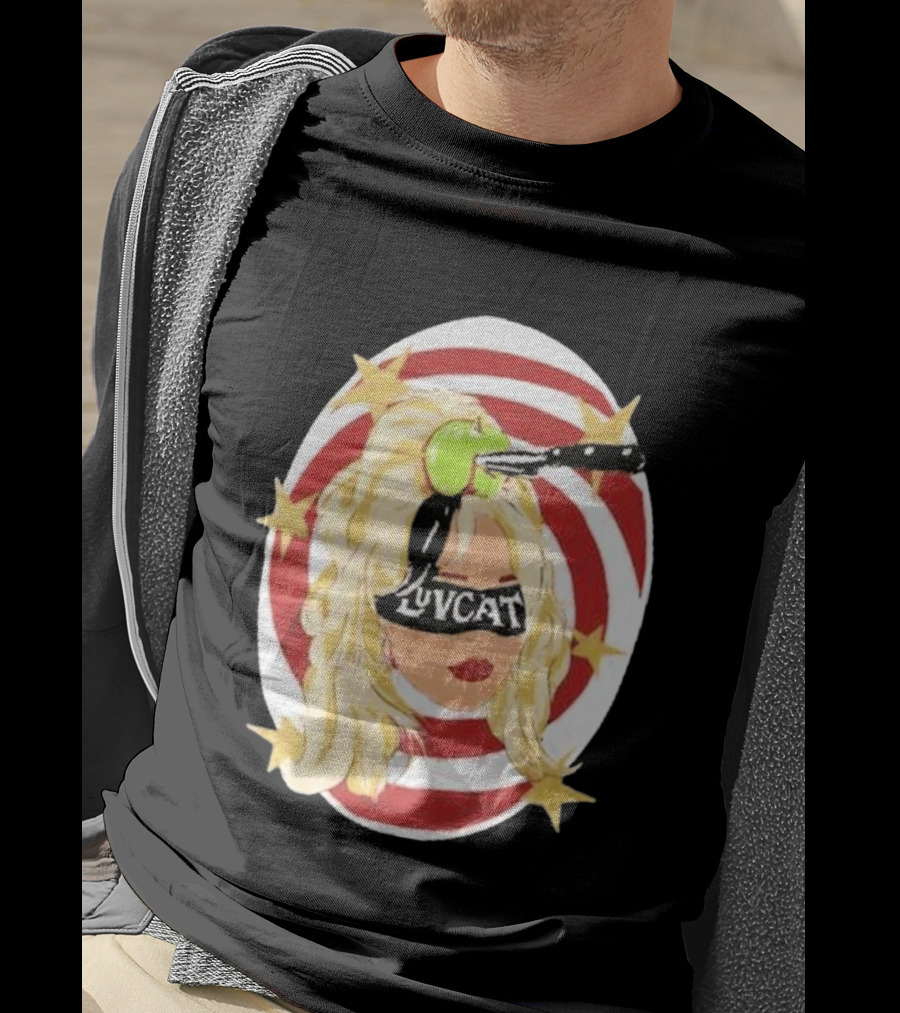 Luvcat Blonde Woman Bullseye Knife Apple Starburst T-Shirt