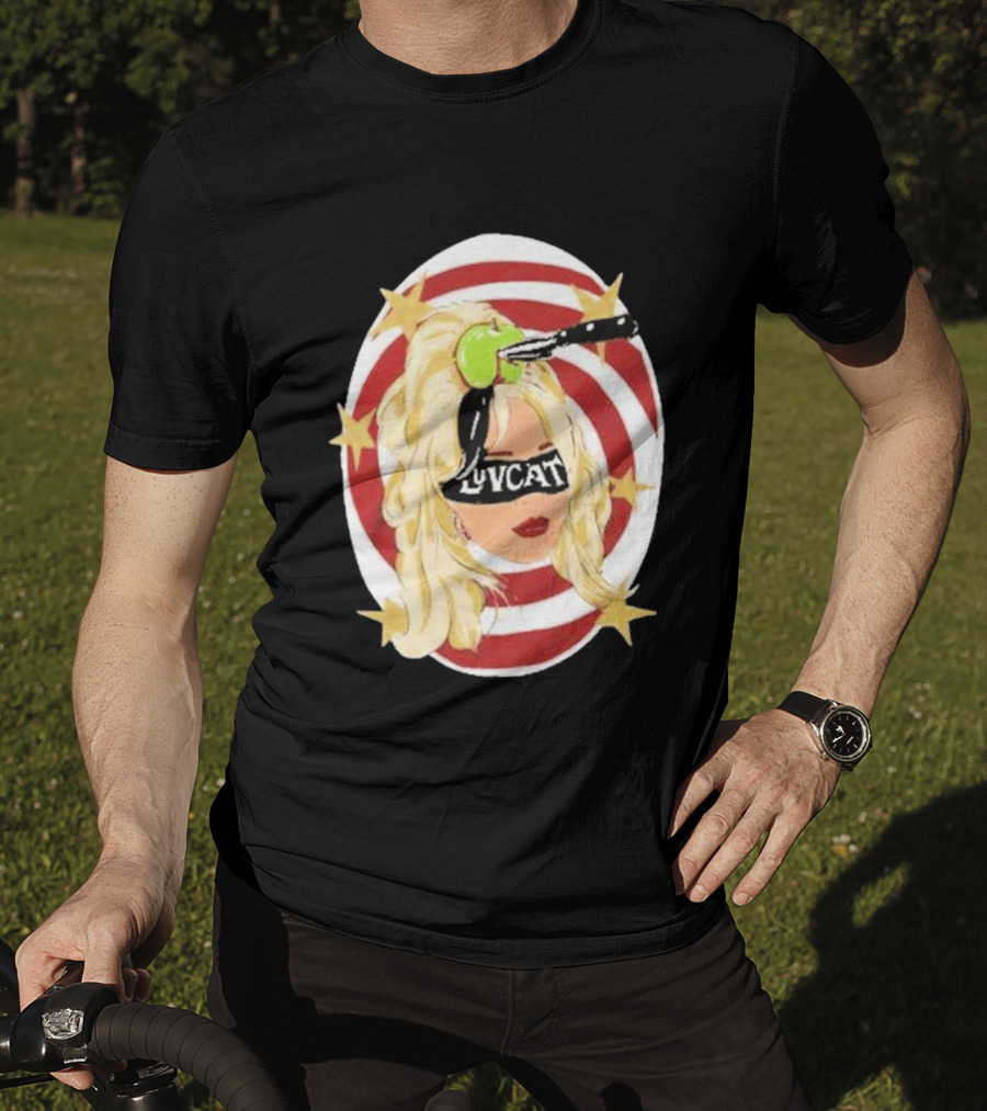 Luvcat Blonde Woman Bullseye Knife Apple Starburst T-Shirt
