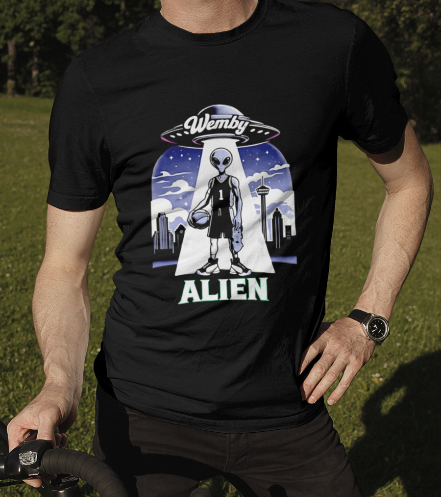 Wemby Alien Basketball UFO Skyline T-Shirt