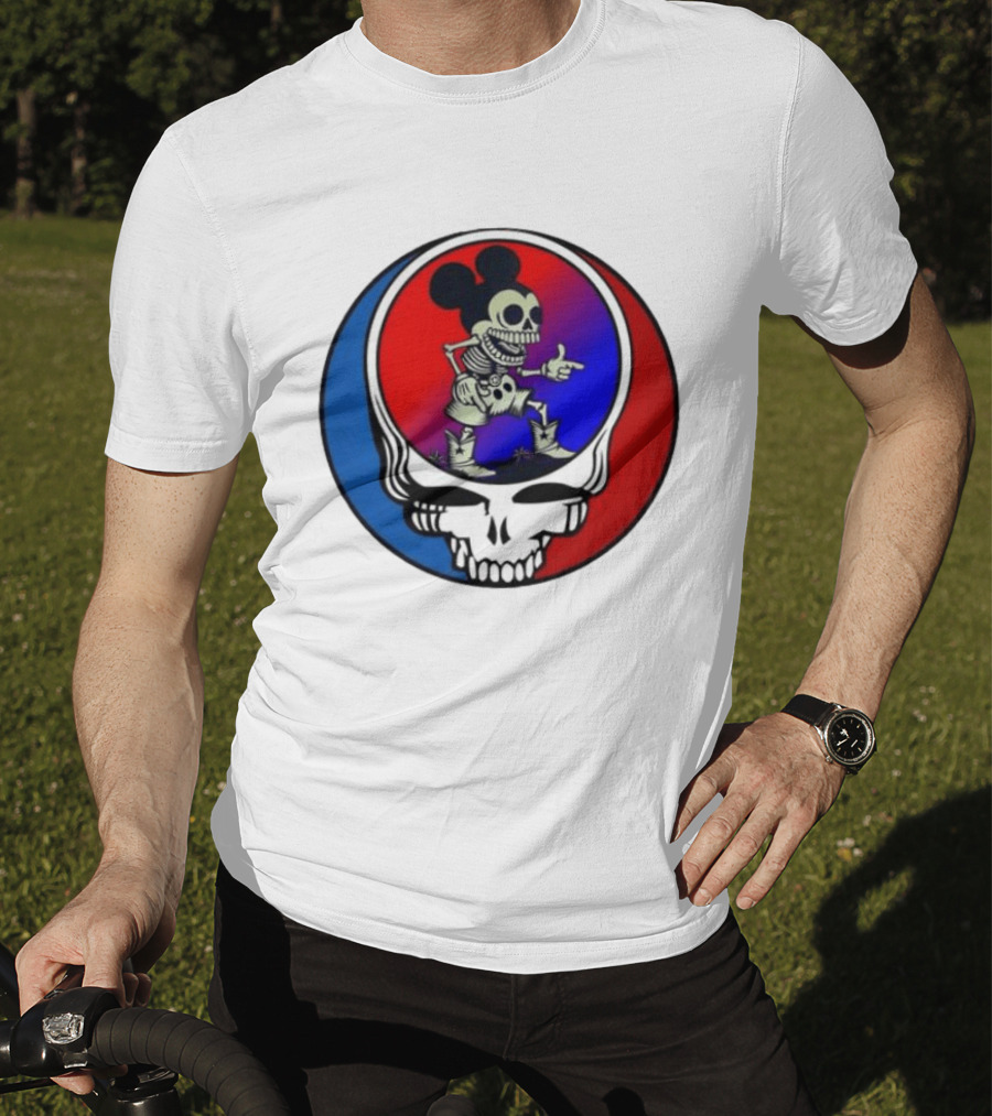 Mickey Mouse Skeleton With Grateful Dead Skull And Roses T-Shirt