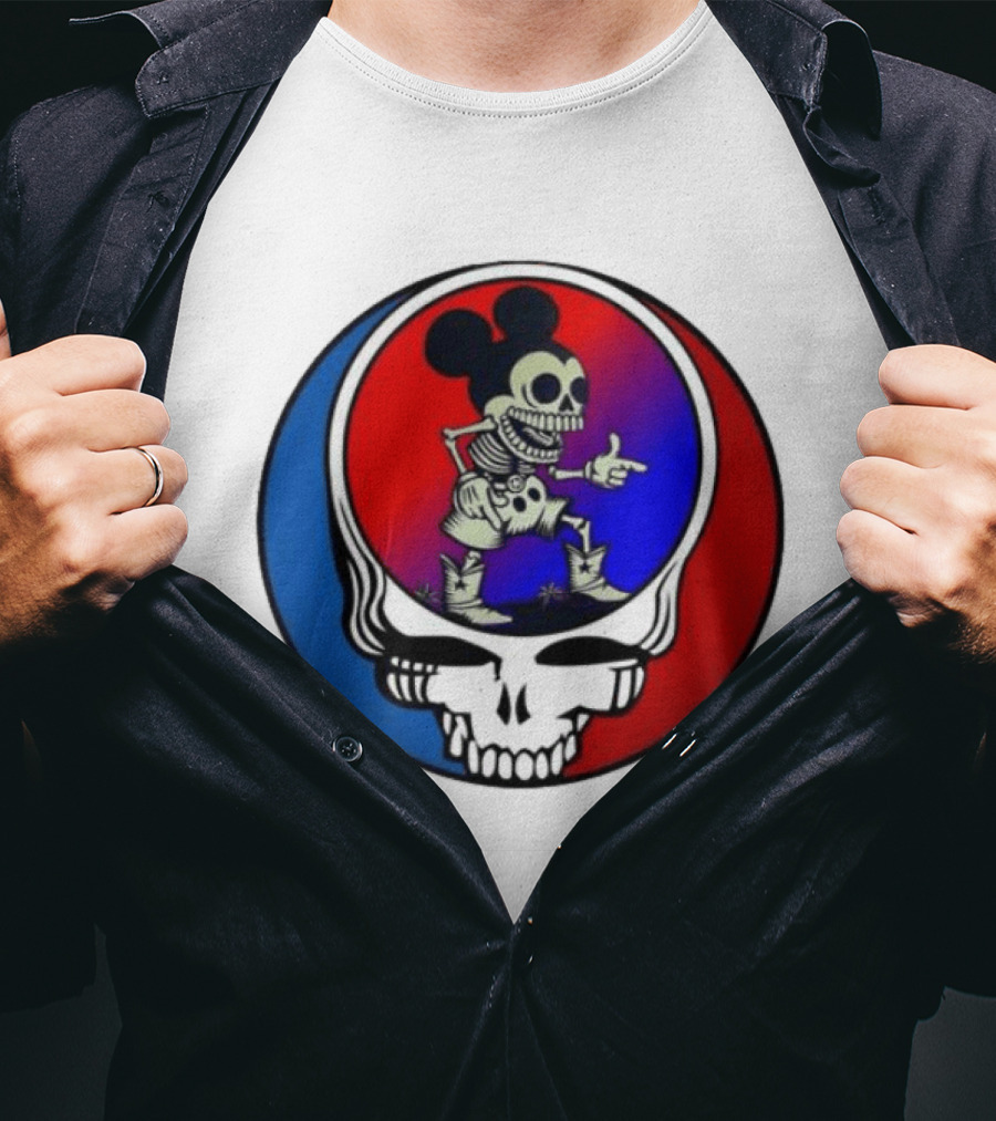Mickey Mouse Skeleton With Grateful Dead Skull And Roses T-Shirt