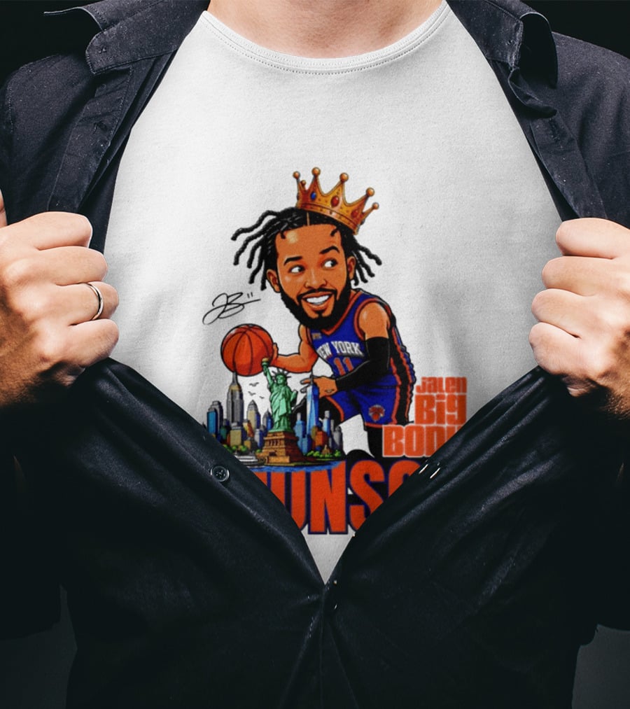 Jalen Brunson King Of NY Caricature With Statue Of Liberty And New York Skyline T-Shirt