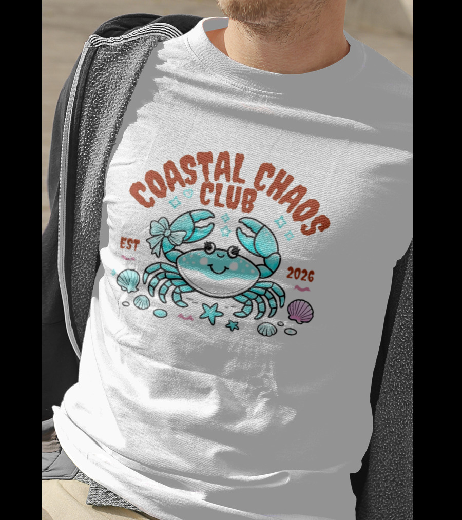 Coastal Chaos Club Est 2026 Smiling Crab Seashells Starfish Bow T-Shirt