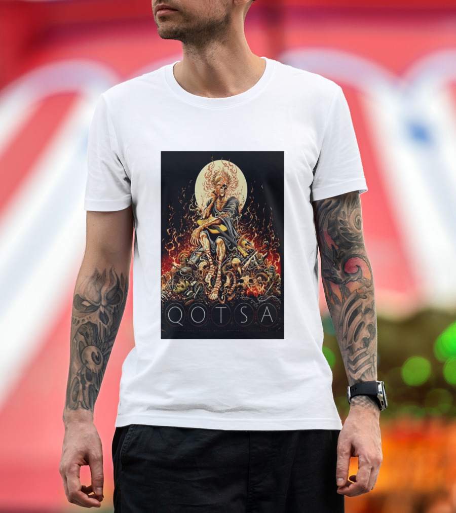 QOTSA April 8 2024 Calgary Communities Centre Flaming Skeleton Throne T-Shirt