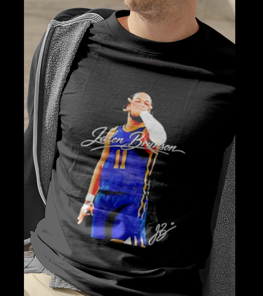 Jalen Brunson 11 Signature Gesture Basketball Blue Uniform T-Shirt
