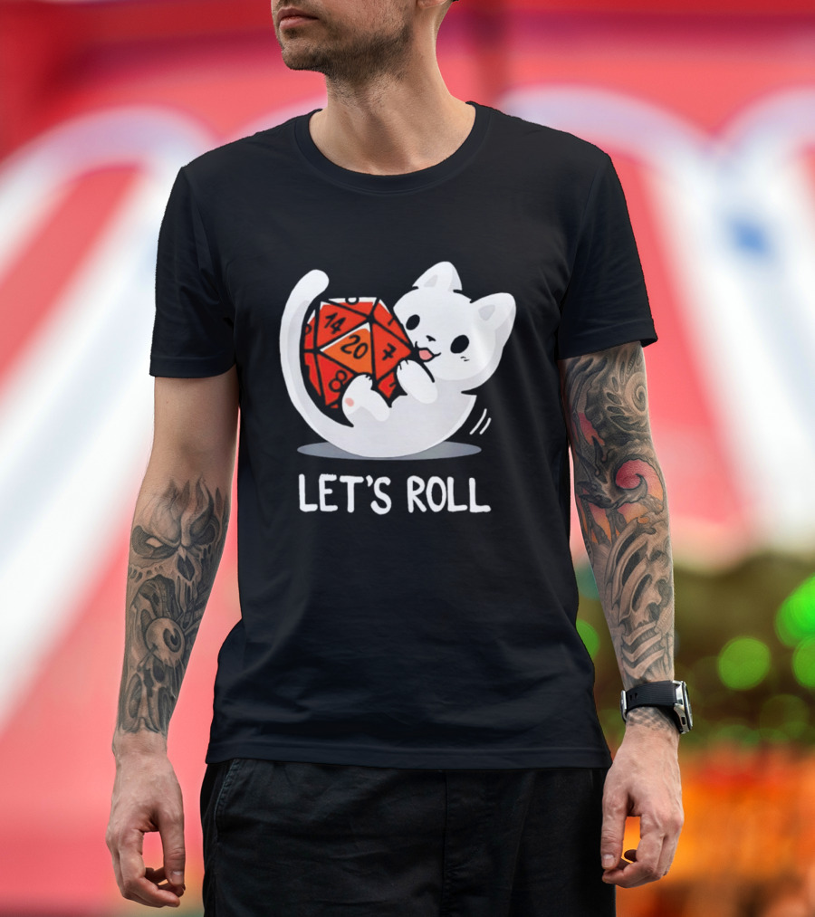 Let's Roll Cat Holding 20 Sided Die Dungeons And Dragons T-Shirt