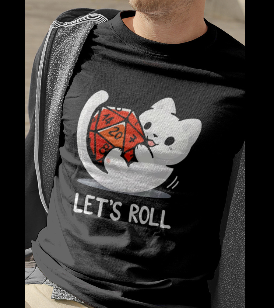 Let's Roll Cat Holding 20 Sided Die Dungeons And Dragons T-Shirt
