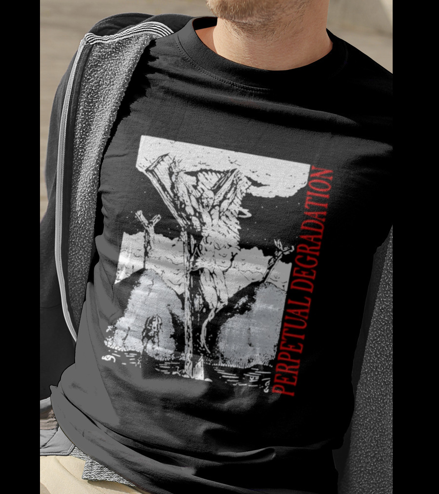 Perpetual Degradation Monster Crucifixion Skull Mountains Clouds T-Shirt