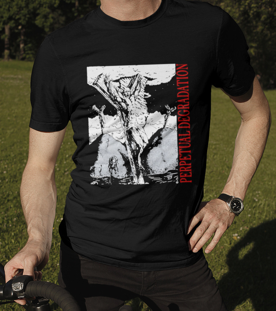 Perpetual Degradation Monster Crucifixion Skull Mountains Clouds T-Shirt