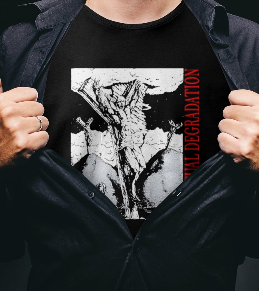 Perpetual Degradation Monster Crucifixion Skull Mountains Clouds T-Shirt
