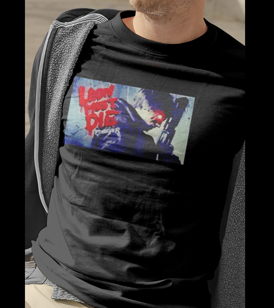 Leon Must Die Forever Red Text Gaming Warrior With Dark Gunfighter T-Shirt