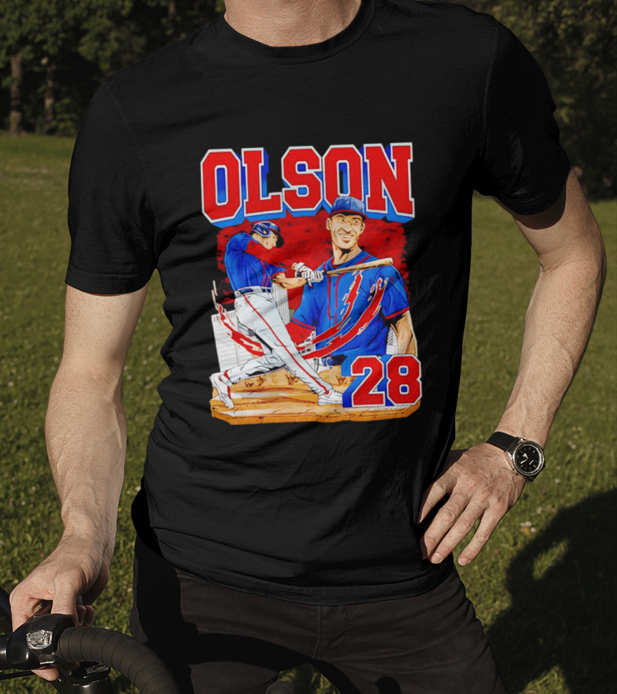 Olson 28 Baseball Player Blue And Red Hand Drawn T-Shirt