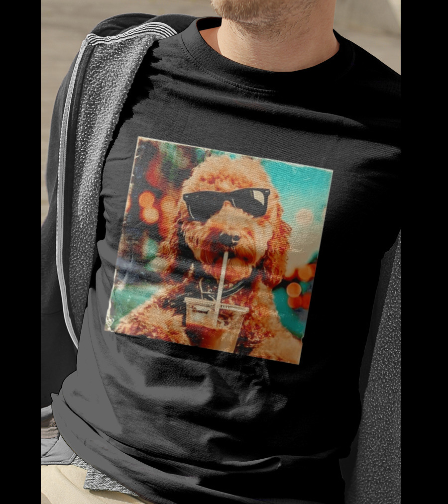Goldendoodle With Sunglasses Enjoying Iced Coffee Retro Cool Vibes T-Shirt