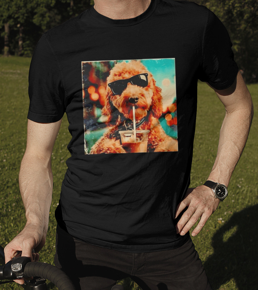 Goldendoodle With Sunglasses Enjoying Iced Coffee Retro Cool Vibes T-Shirt