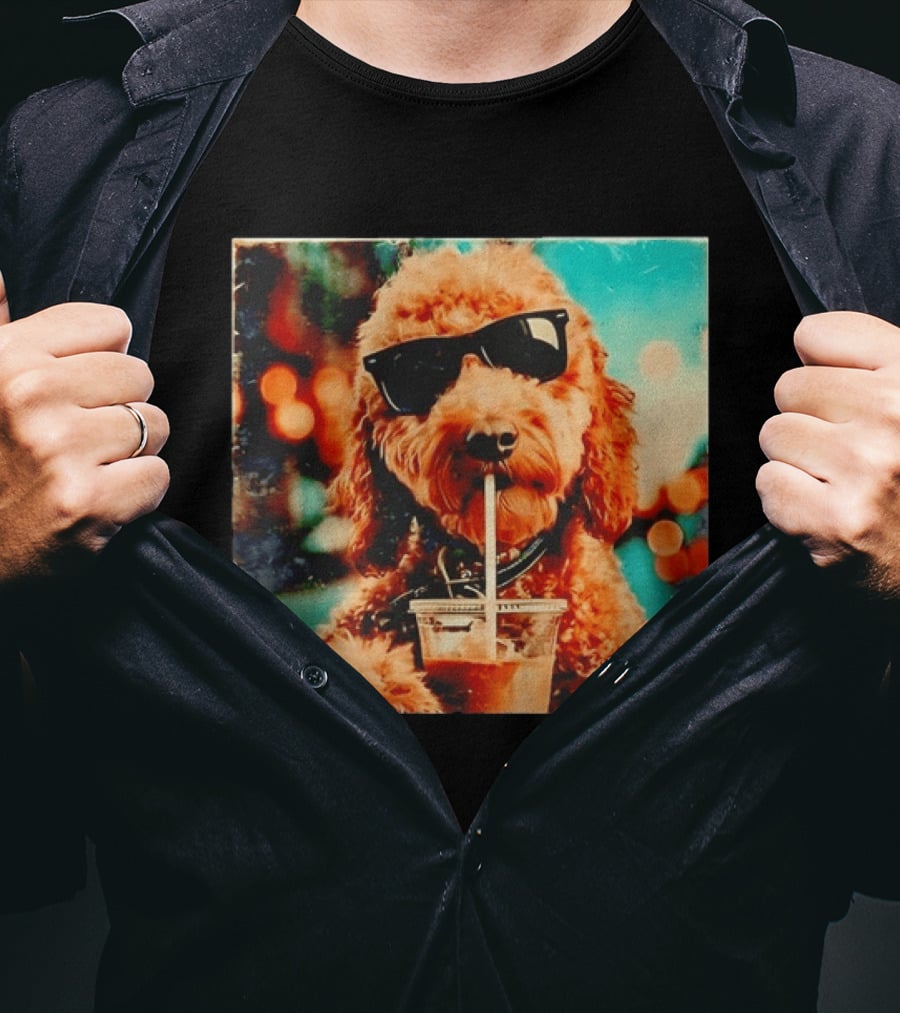 Goldendoodle With Sunglasses Enjoying Iced Coffee Retro Cool Vibes T-Shirt