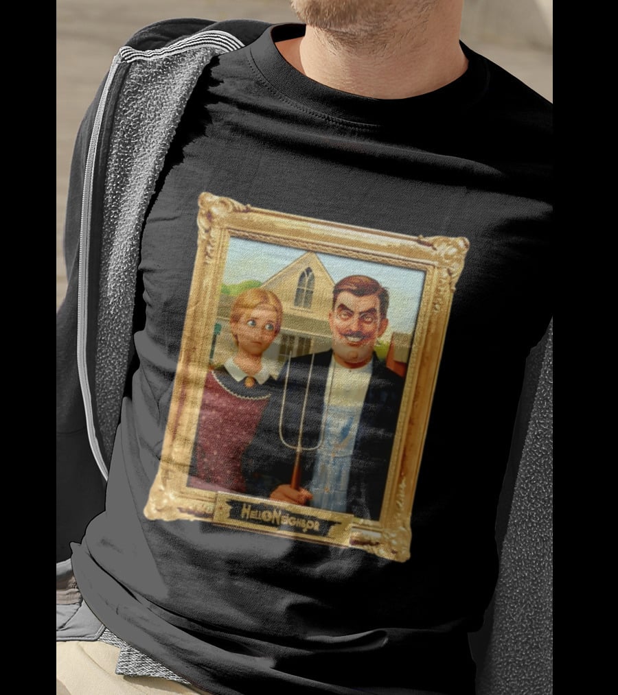 Hello Neighbor American Gothic Man Pitchfork Girl Painting Frame T-Shirt