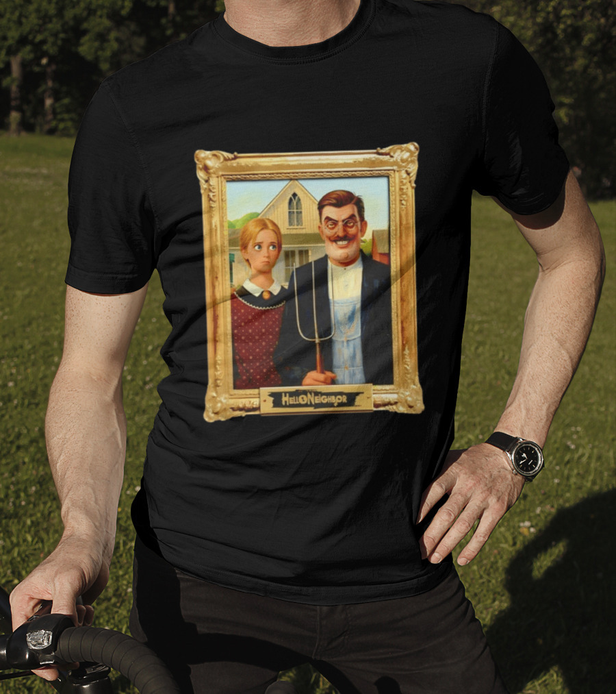 Hello Neighbor American Gothic Man Pitchfork Girl Painting Frame T-Shirt