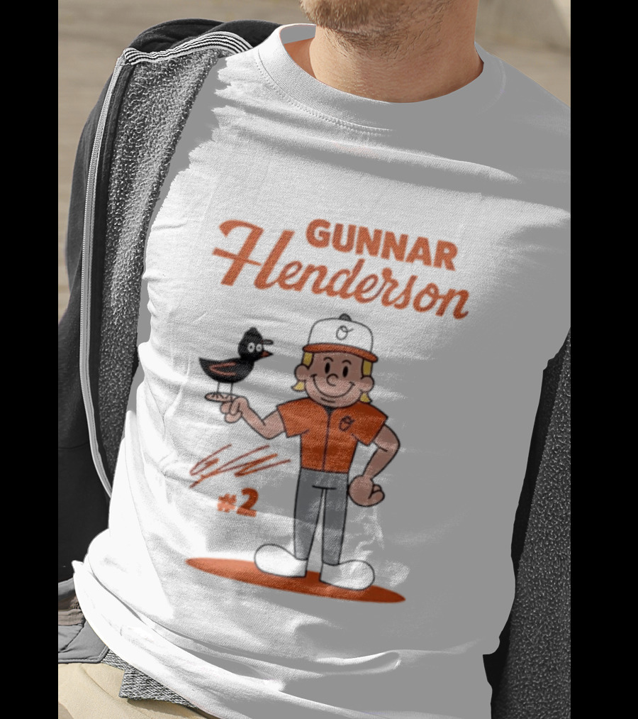 Gunnar Henderson Baltimore Orioles MLB Player Cartoon Character With Bird And Number 2 T-Shirt