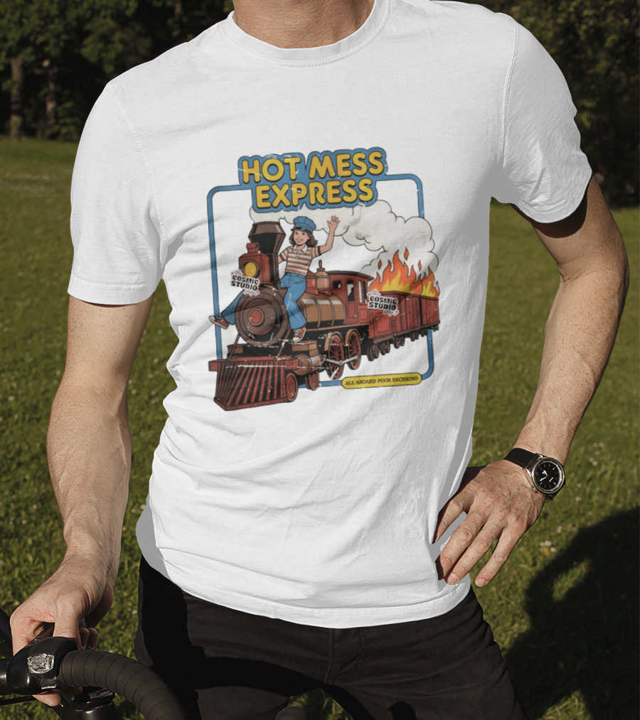 Hot Mess Express All Aboard Poor Decisions Cosmic Studio Vintage Train Cartoon T-Shirt