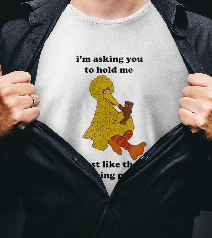 I'm Asking You To Hold Me Just Like The Morning Paper Cartoon Big Bird Holding Teddy Bear T-Shirt