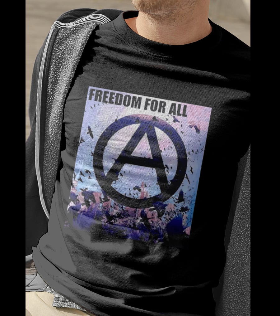 FdA IFA Freedom For All Anarchy Symbol With Birds And City Skyline T-Shirt