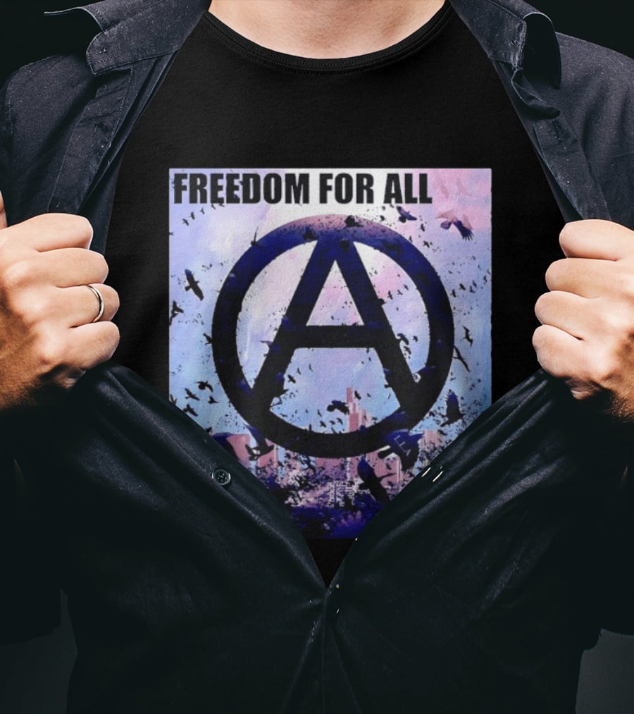 FdA IFA Freedom For All Anarchy Symbol With Birds And City Skyline T-Shirt
