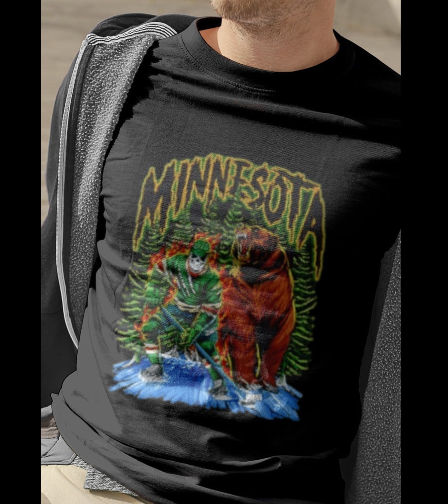 Minnesota Wild Hockey Skeleton Bear Forest Fire T-Shirt