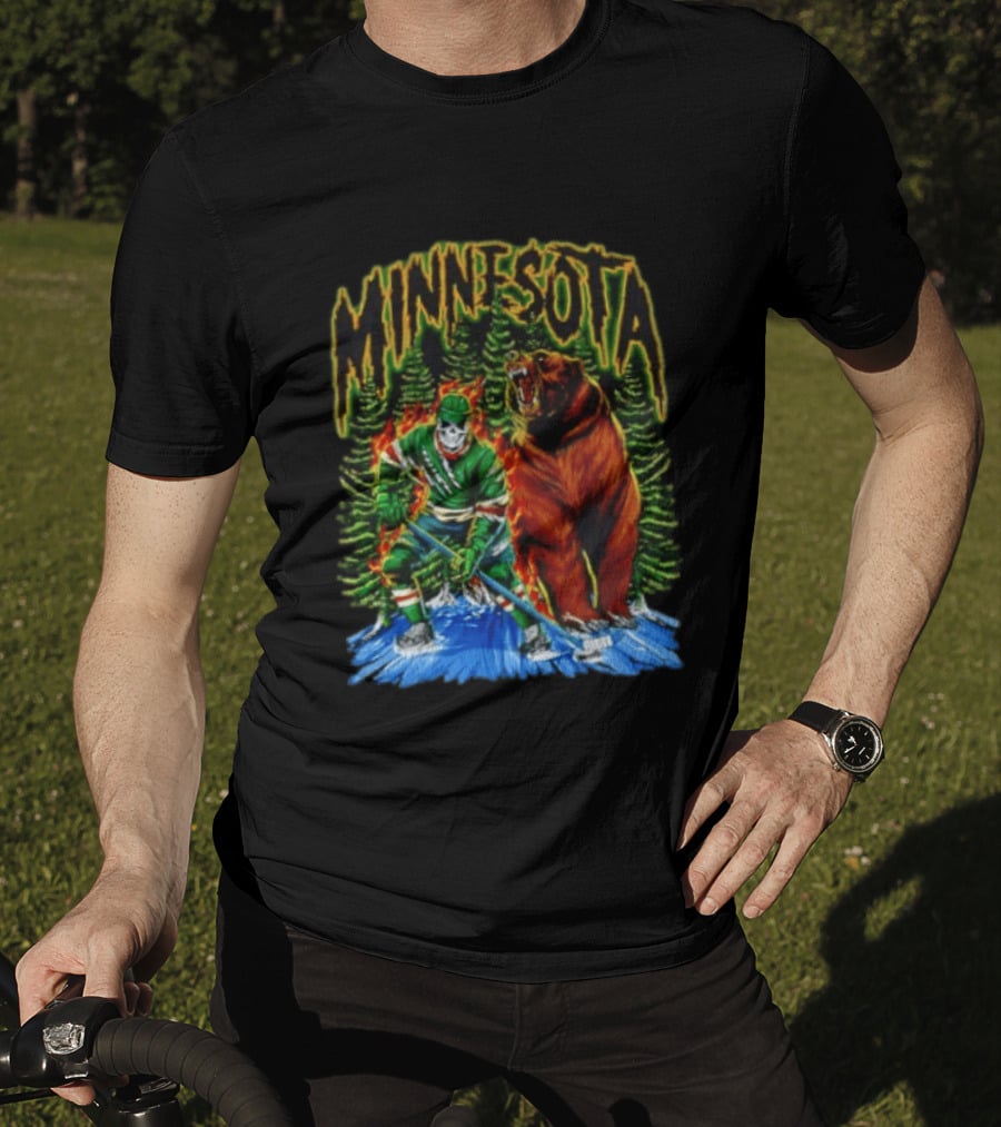 Minnesota Wild Hockey Skeleton Bear Forest Fire T-Shirt