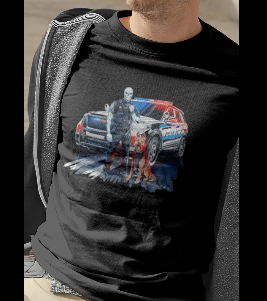 Skeleton Police Officer And Working Dog With Patrol Car T-Shirt