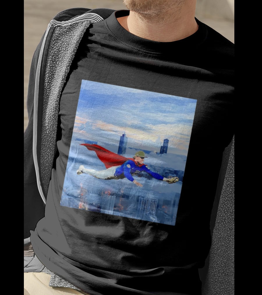 Superman Nico Hoerner Chicago Cubs Second Baseman Flying Over City Skyline T-Shirt