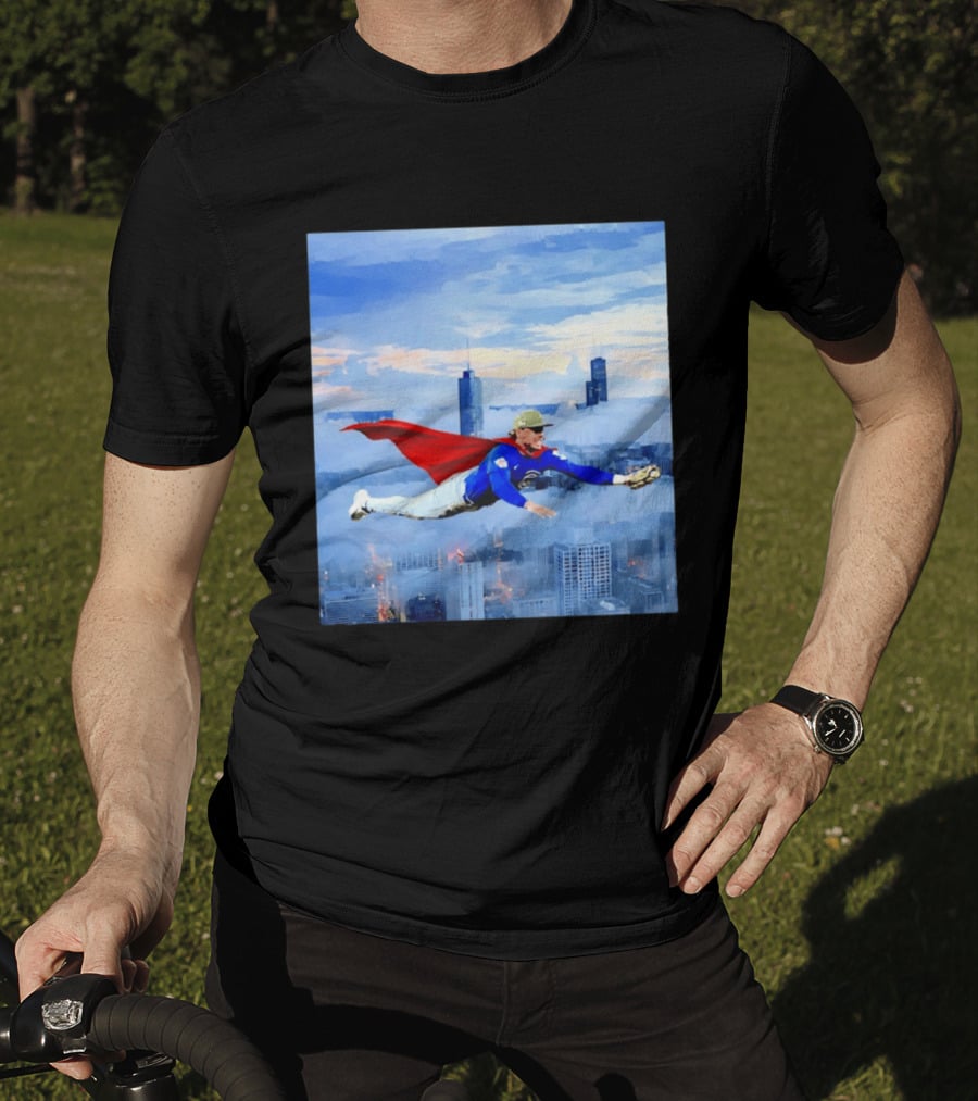 Superman Nico Hoerner Chicago Cubs Second Baseman Flying Over City Skyline T-Shirt