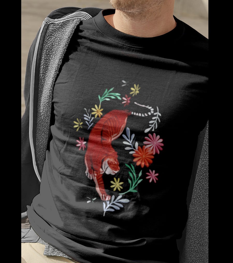 Todd Herzog Bengal Tiger Floral Motif With Vibrant Blooming Flowers T-Shirt