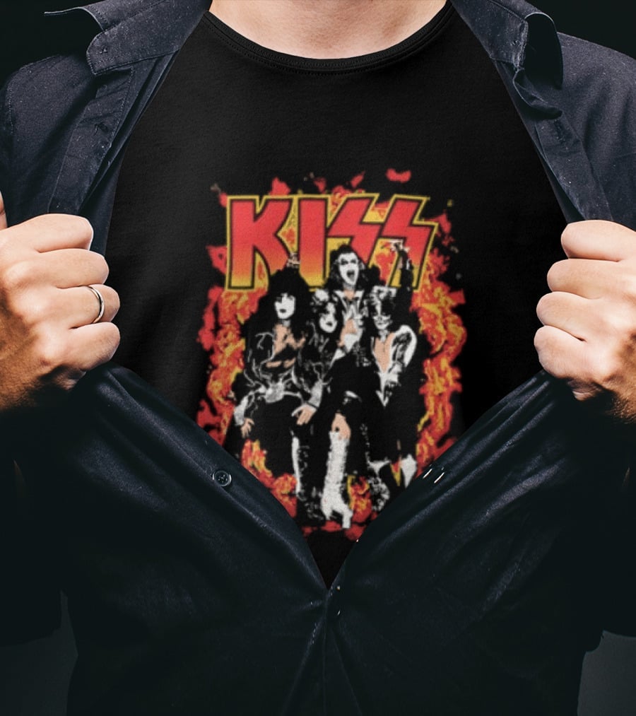 Kiss Flames And Flames All Over With Iconic Band T-Shirt