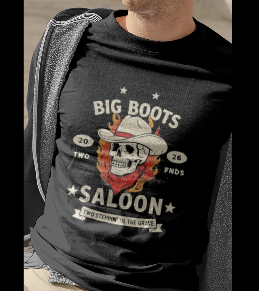 Big Boots Saloon Two Friends Cowboy Skull Flames Vintage 2018 T-Shirt