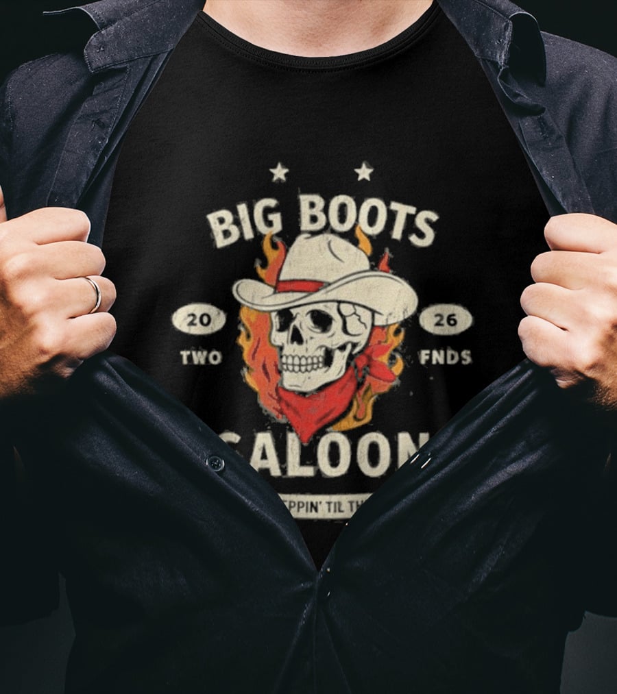 Big Boots Saloon Two Friends Cowboy Skull Flames Vintage 2018 T-Shirt