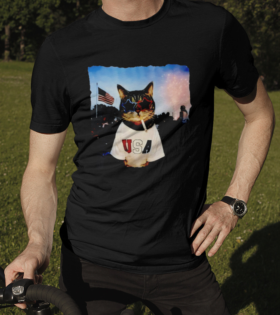 USA Cat With American Flag Sunglasses Smoking Fireworks T-Shirt