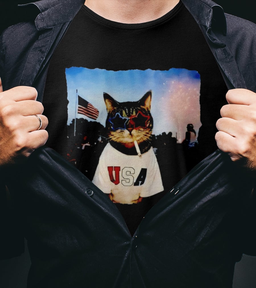 USA Cat With American Flag Sunglasses Smoking Fireworks T-Shirt