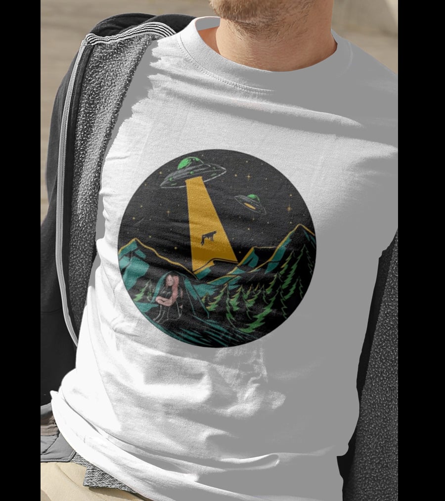 UFOs Aliens Abduction Night Sky Mountains Forest Trees Stars Beam T-Shirt