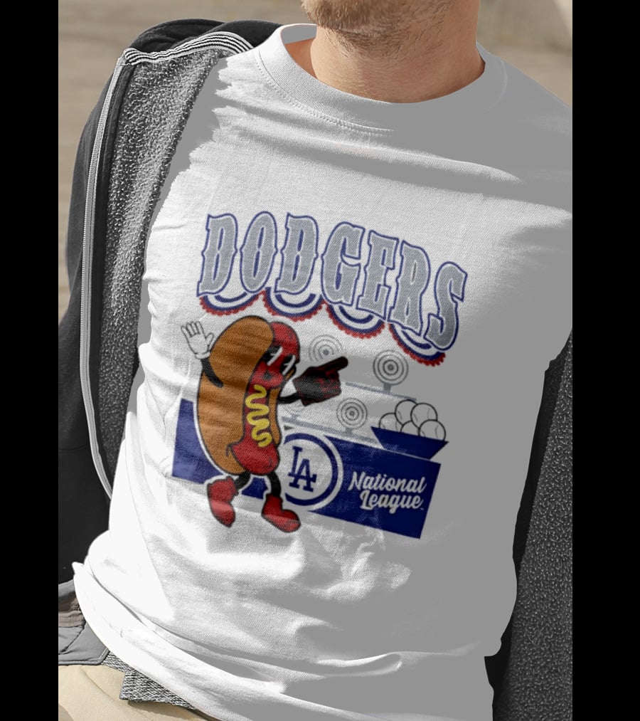 Cartoon Hot Dog Dodgers LA National League Baseball T-Shirt
