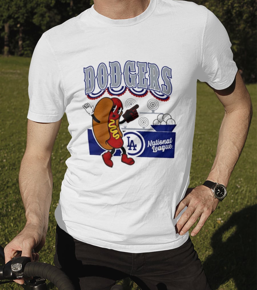 Cartoon Hot Dog Dodgers LA National League Baseball T-Shirt