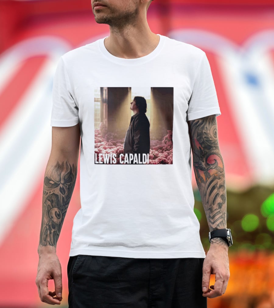 Lewis Capaldi Standing In Floral Scene With Sunlight In Concert Photo T-Shirt